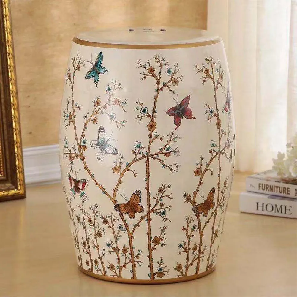 Maria Butterfly Garden Stool - White, Porcelain