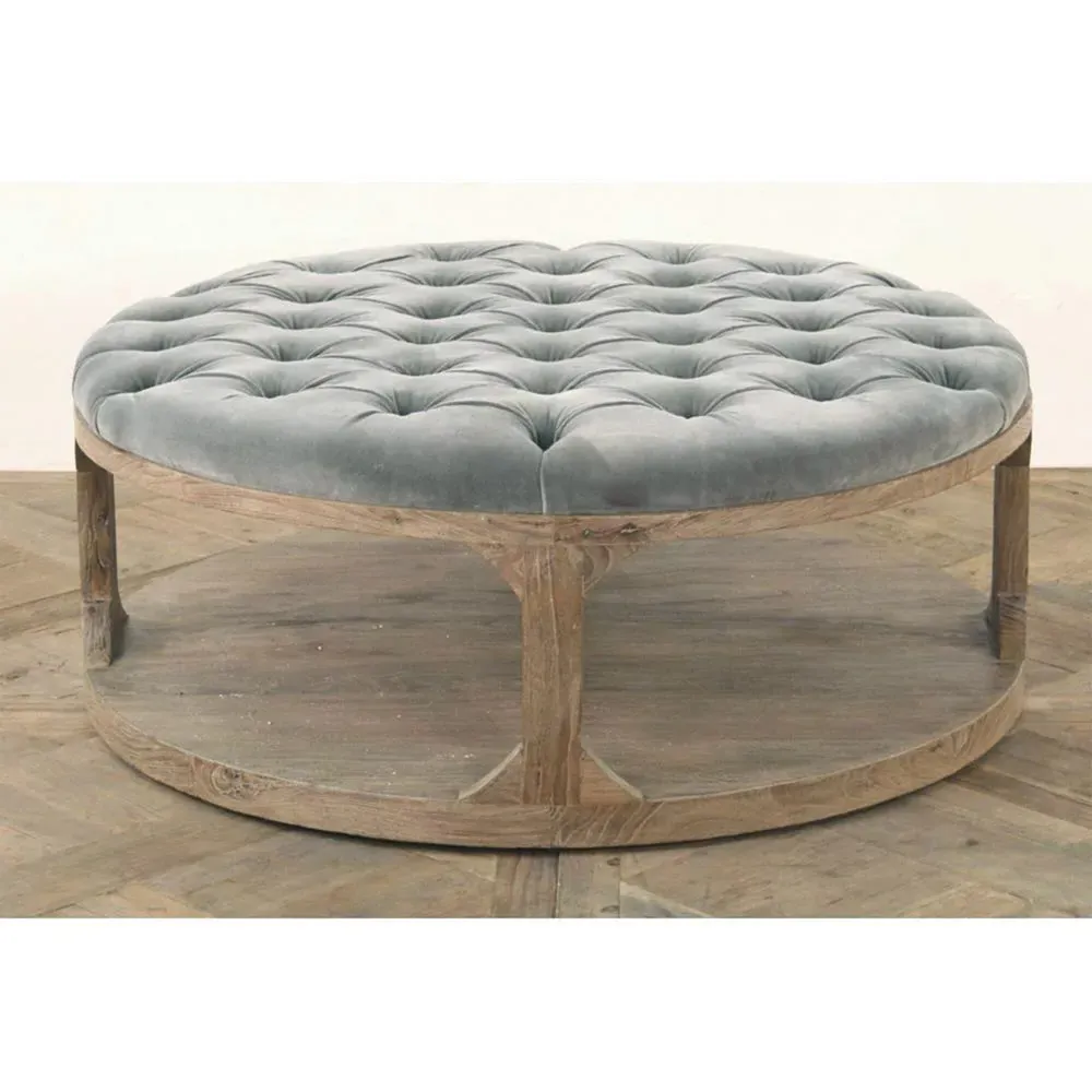 Marie Round Tufted Cocktail Ottoman - Grey Blue, Velvet