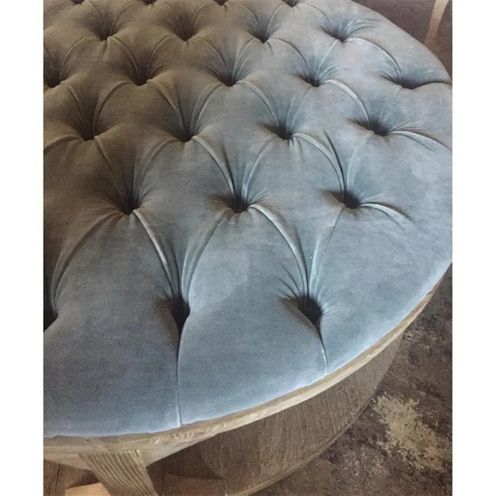 Marie Round Tufted Cocktail Ottoman - Grey Blue, Velvet