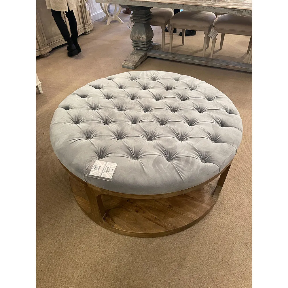Marie Round Tufted Cocktail Ottoman - Grey Blue, Velvet