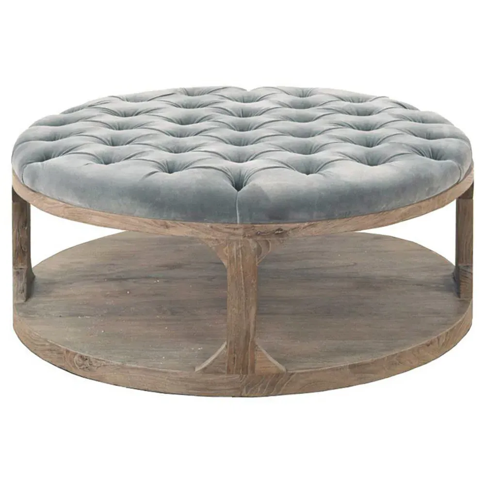Marie Round Tufted Cocktail Ottoman - Grey Blue, Velvet