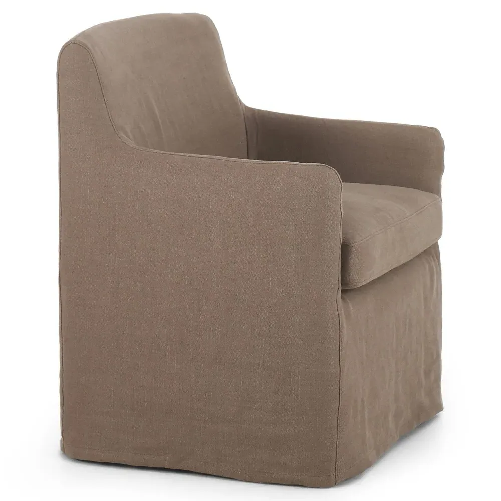 Marika Slipcovered Caster Dining Arm Chair - Brown, Linen