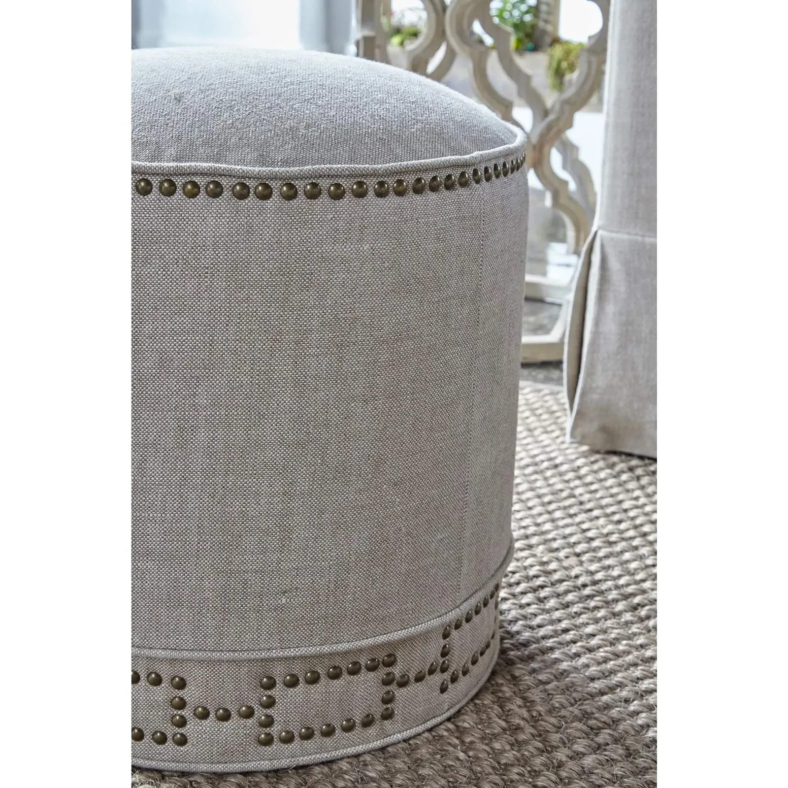 Mario Round Ottoman with Nailhead Trim - Cream, Linen