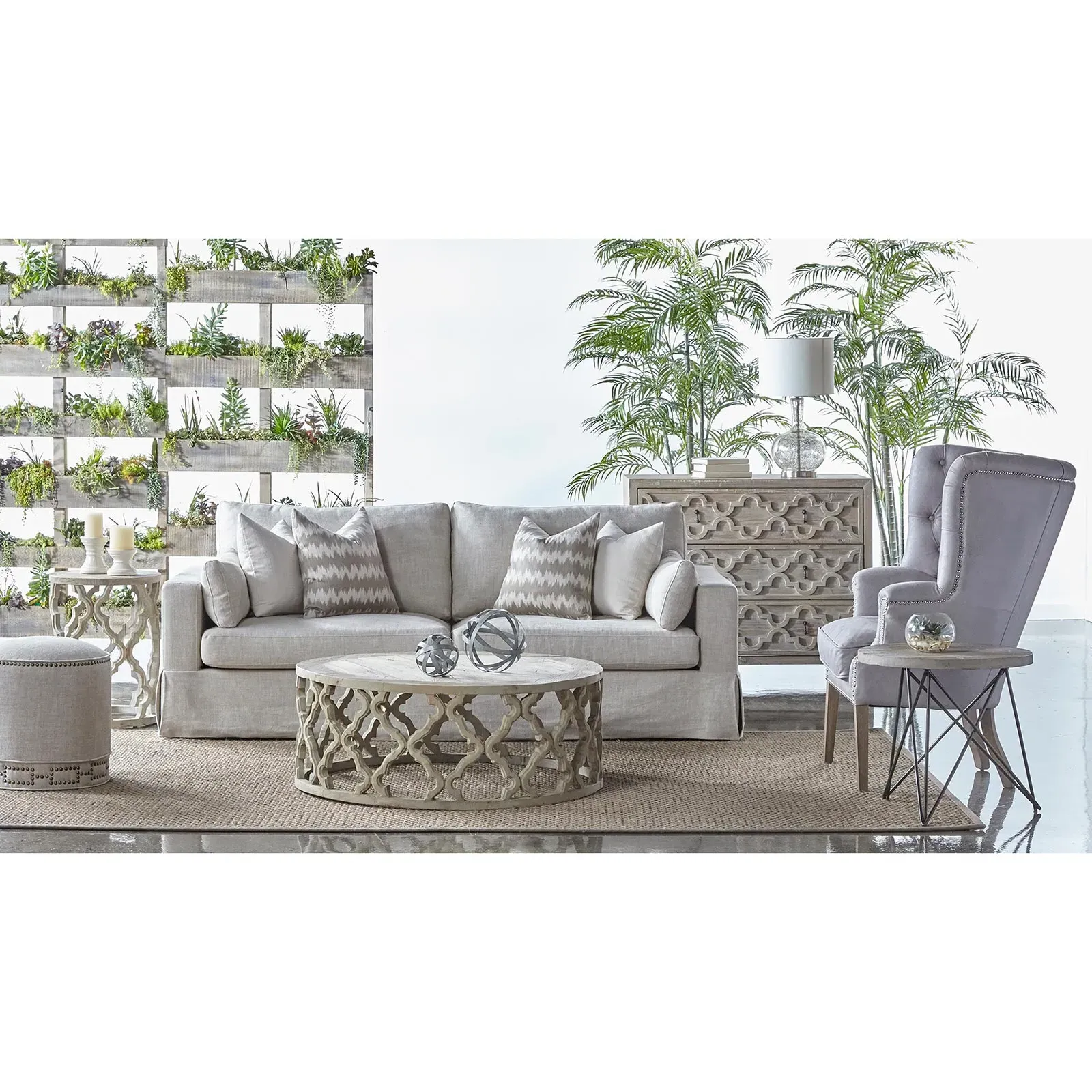 Mario Round Ottoman with Nailhead Trim - Cream, Linen