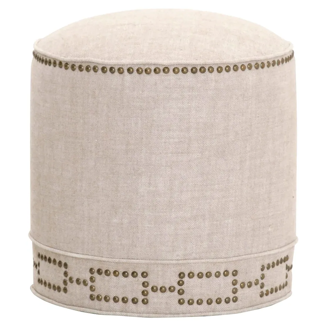Mario Round Ottoman with Nailhead Trim - Cream, Linen image