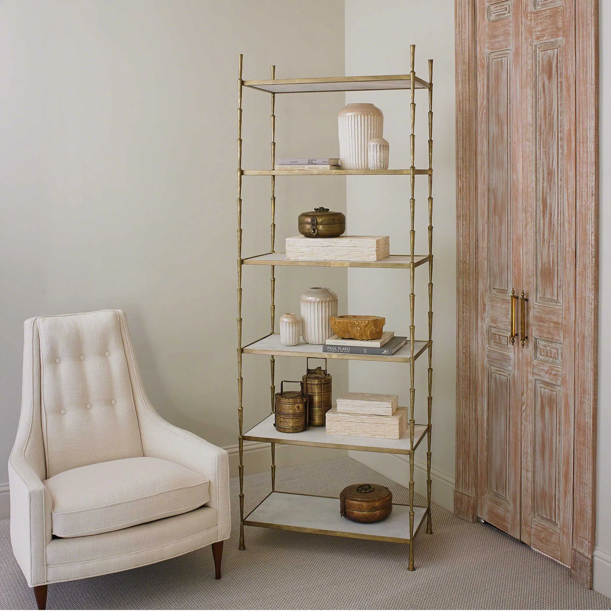 Mateo 6-Shelf Etagere - White Marble, Antique Brass Metal