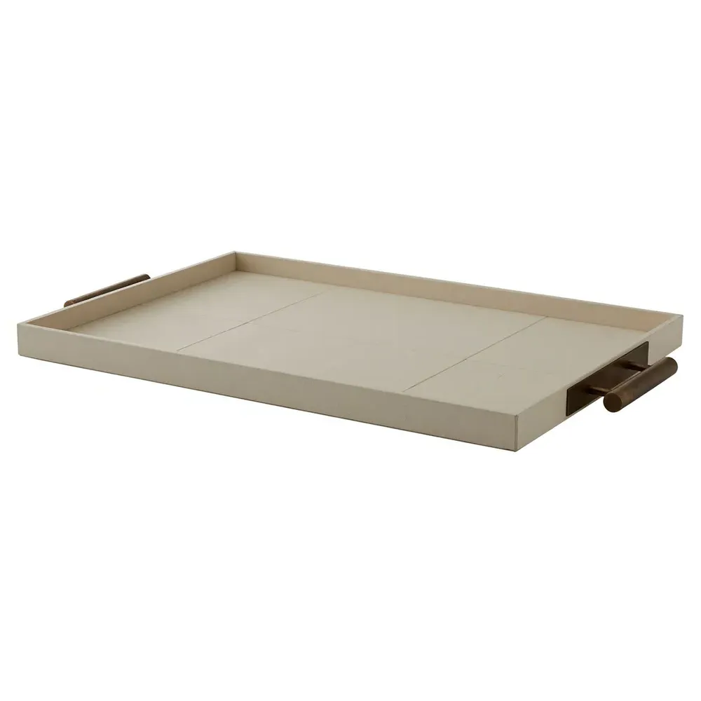 Maxwell Decorative Tray with Brass Handle - Beige, Leather