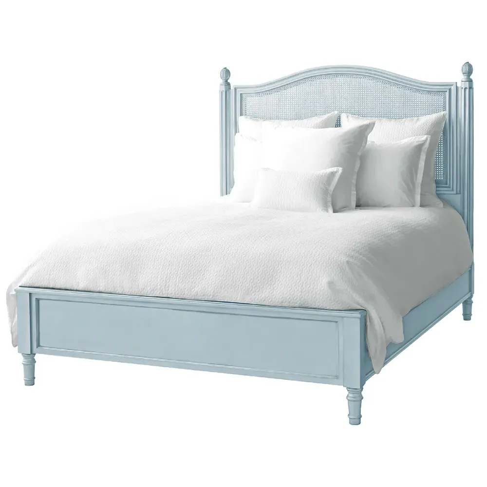 Maya French Country King Size Bed with Woven Cane - Light Blue