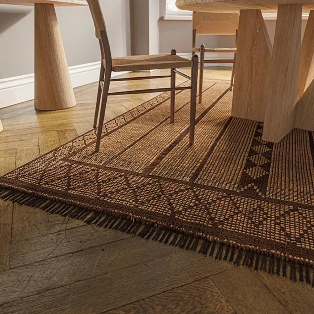 Maya Geometric Rug with Fringe - Brown, Jute