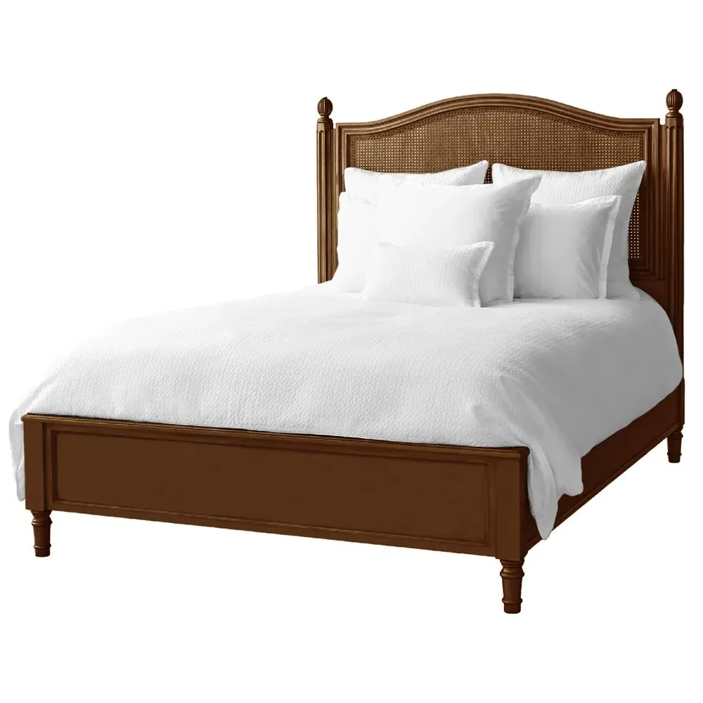 Maya Queen Size Bed Frame with Woven Cane - Pecan Brown, Alder Wood