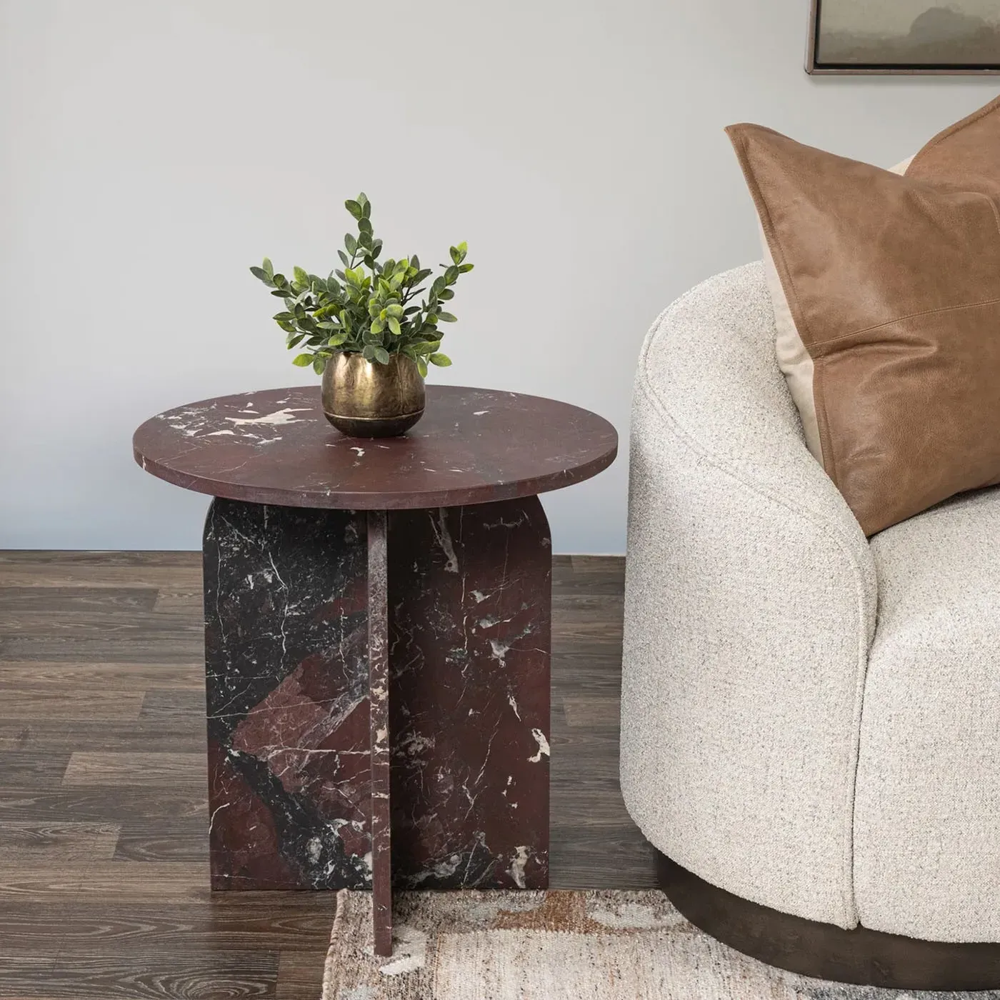 Melanie Round Accent Table - Merlot Red, Marble