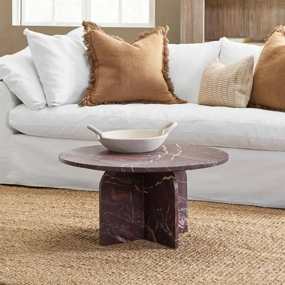 Melanie Round Coffee Table - Merlot Red, Marble
