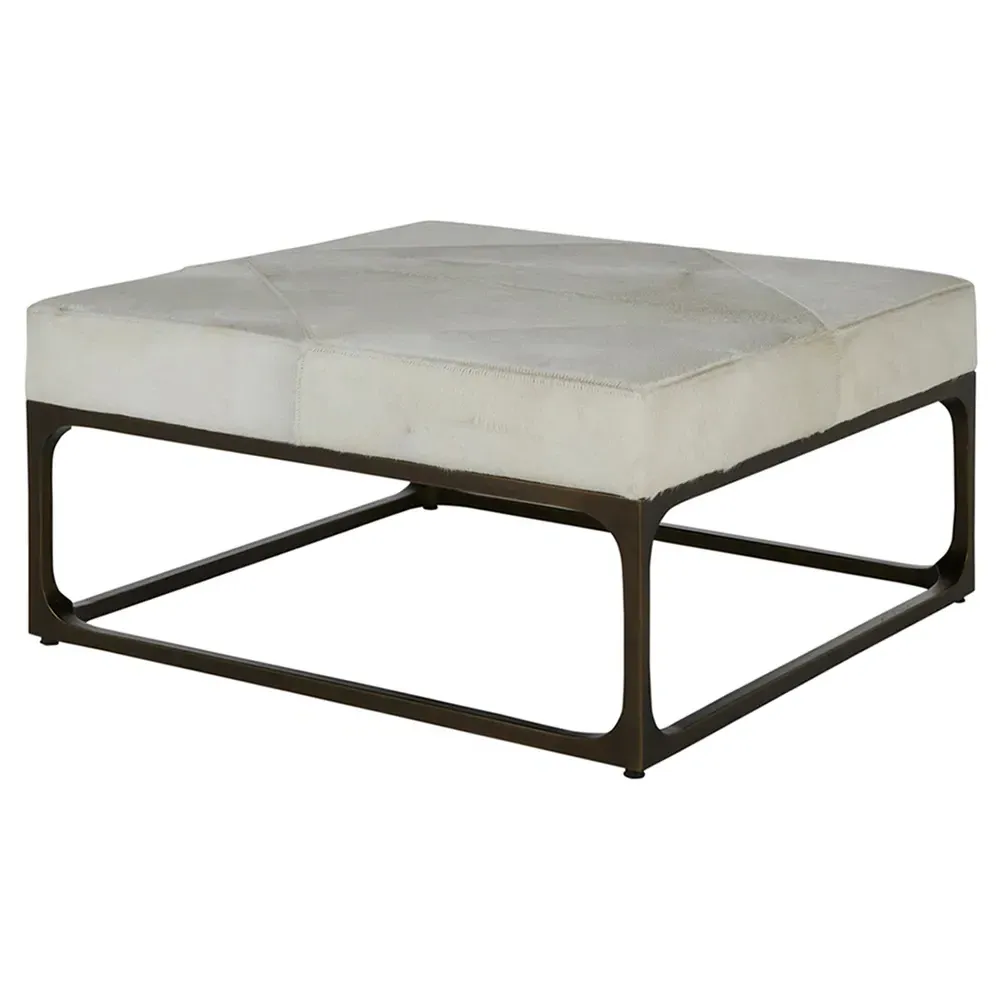 Melanie Square Ottoman - White, Hair On Hide