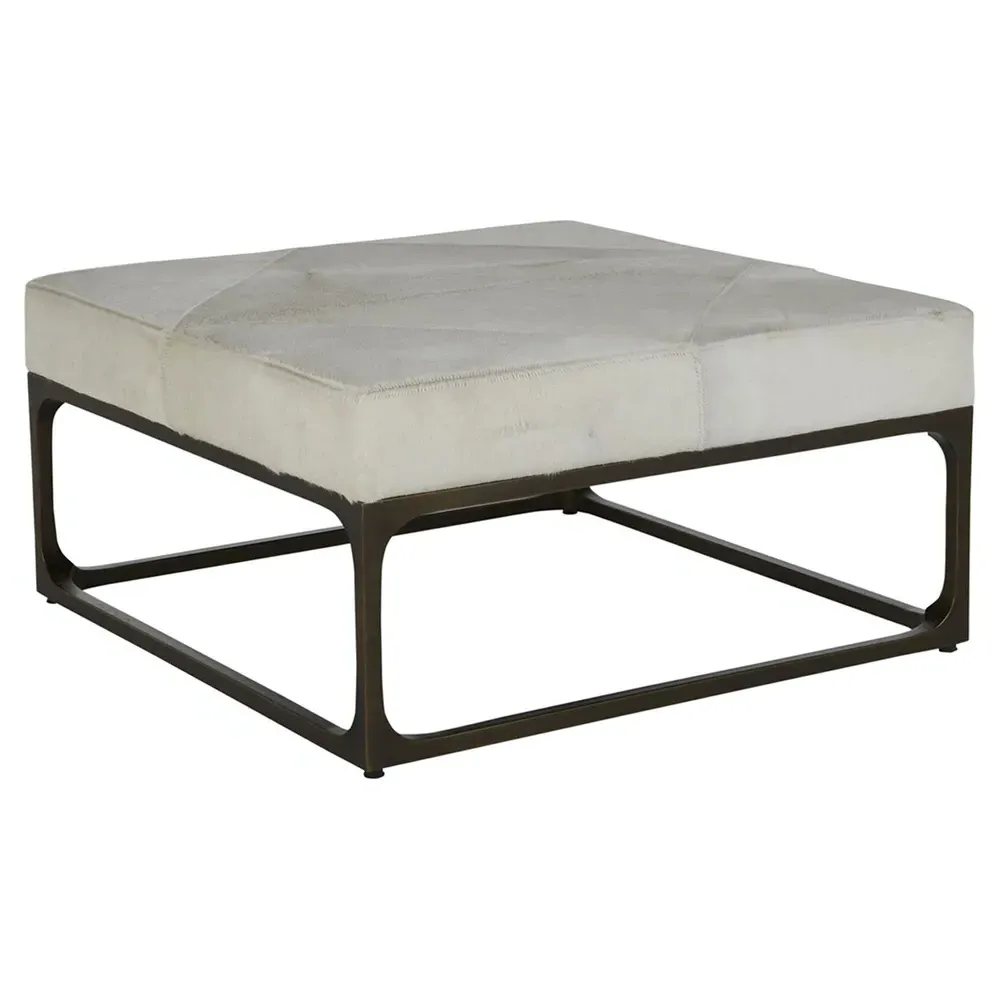Melanie Square Ottoman - White, Hair On Hide