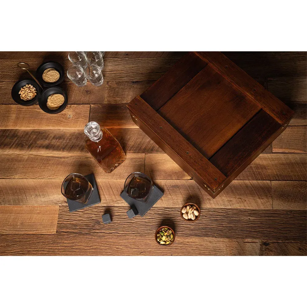 Michael Oak Wood Whiskey Box with Decanter Gift Set - Brown