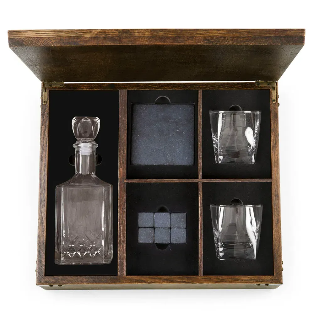 Michael Oak Wood Whiskey Box with Decanter Gift Set - Brown image