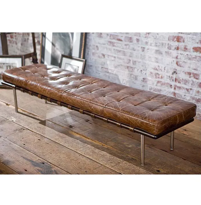 Mid Century Tufted Bench - Brown, Leather