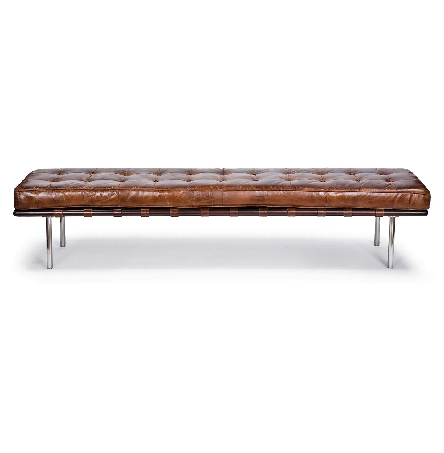 Mid Century Tufted Bench - Brown, Leather image
