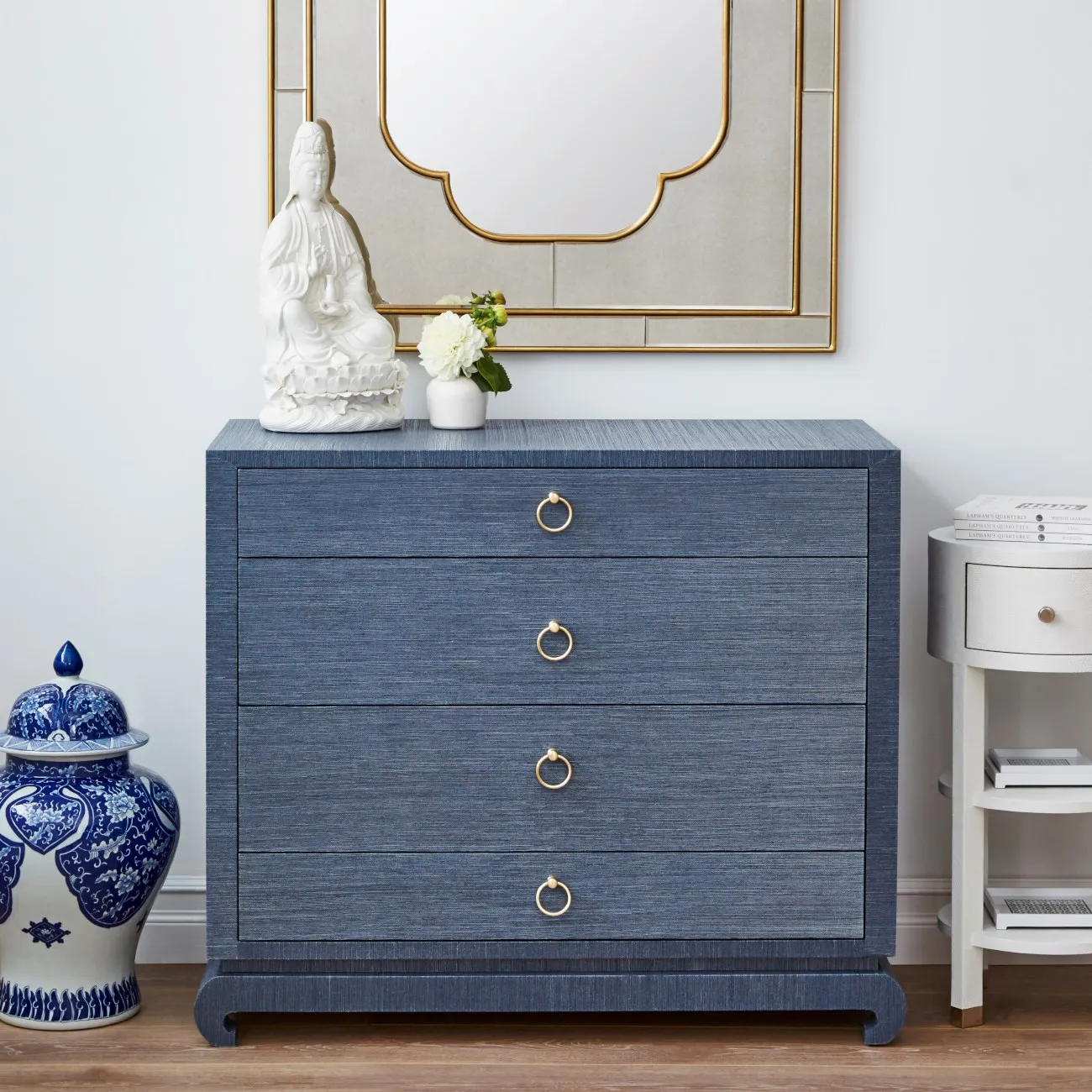 Ming Regency 4-Drawer Dresser with Chow Feet - Navy Blue, Grasscloth