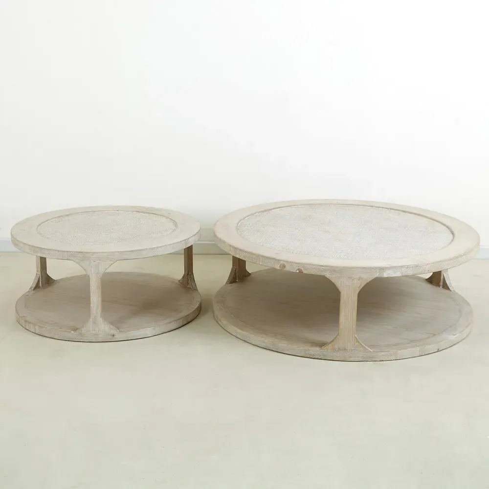 Minnie Round Coffee Table with Rattan - White, Pine Wood