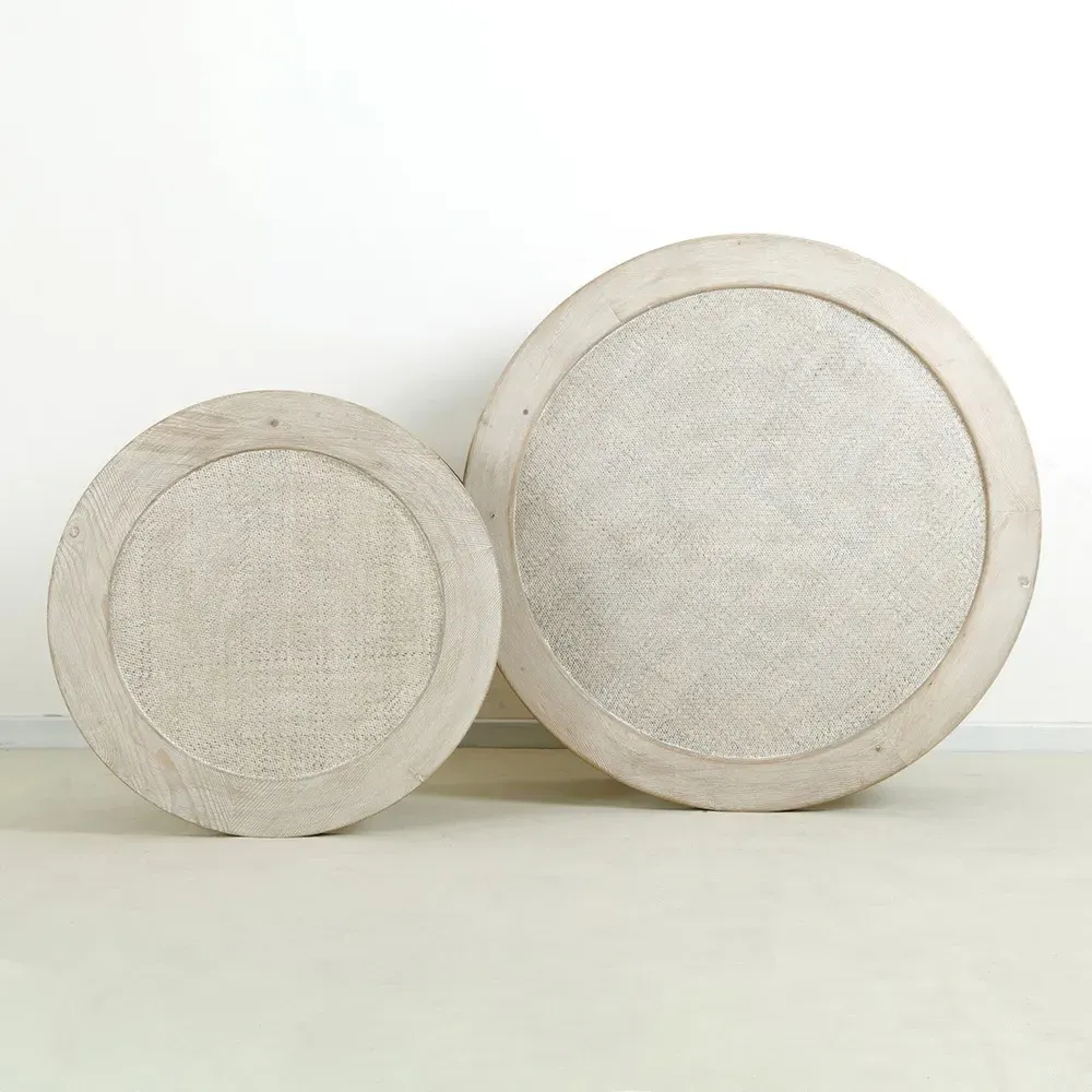 Minnie Round Coffee Table with Rattan - White, Pine Wood