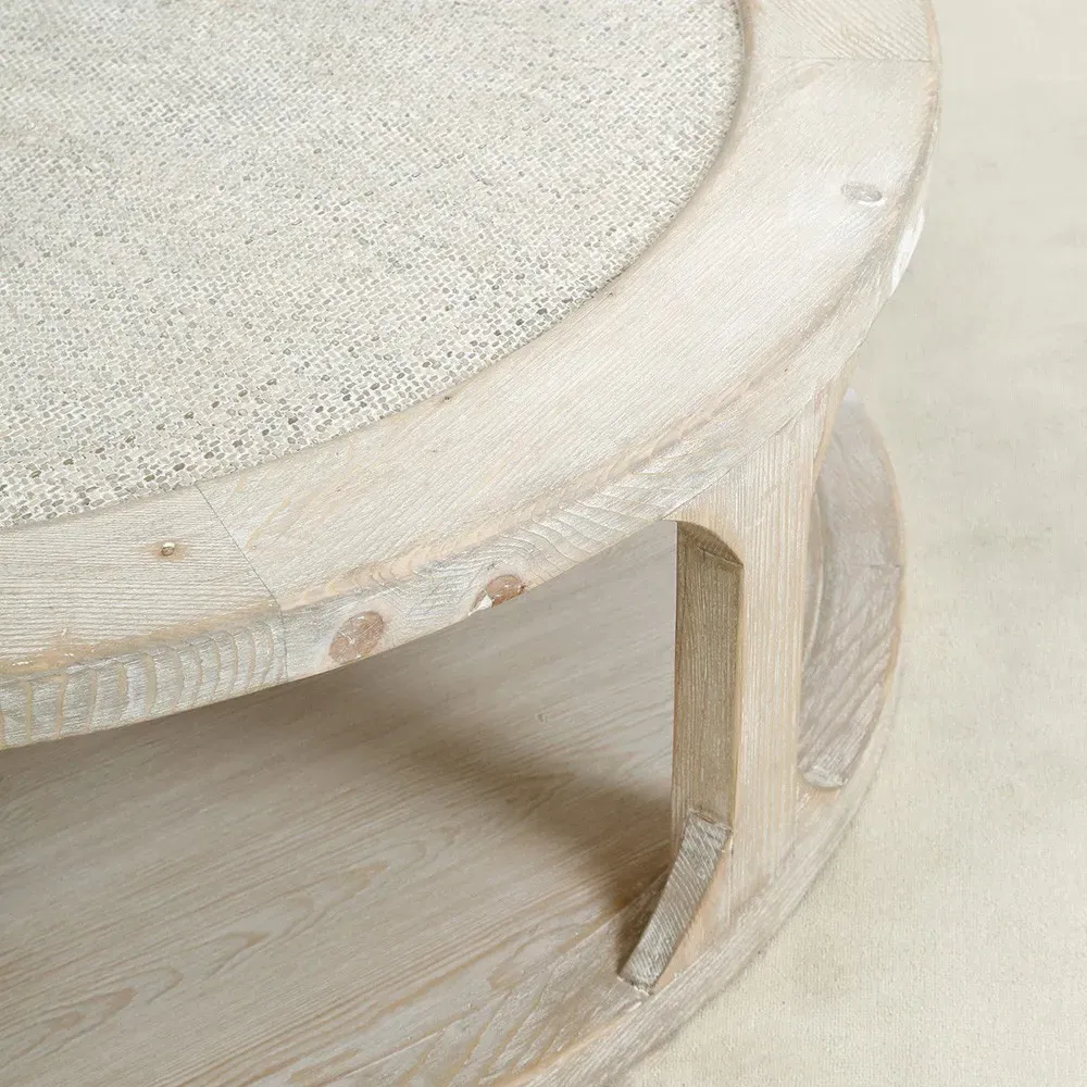 Minnie Round Coffee Table with Rattan - White, Pine Wood