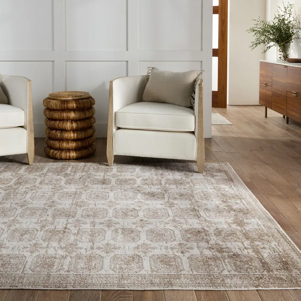 Mirabella Trellis Patterned Washable Rug Sample - Beige, Polyester