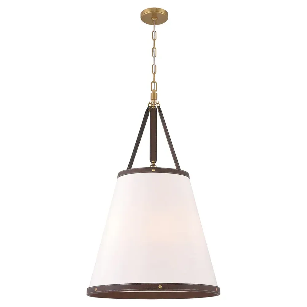 Mirea Round Pendant Light with Leather Trim - White, Linen