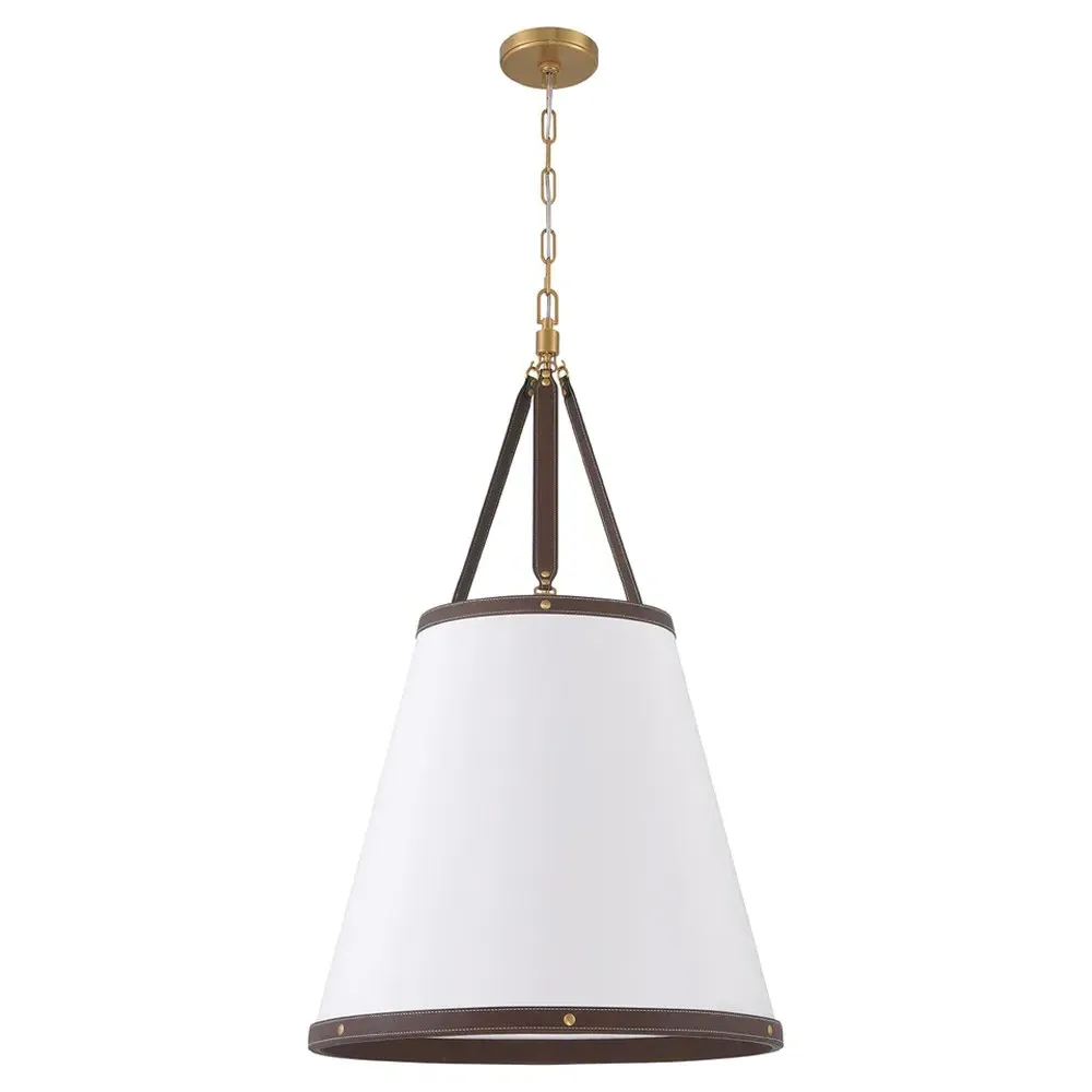 Mirea Round Pendant Light with Leather Trim - White, Linen