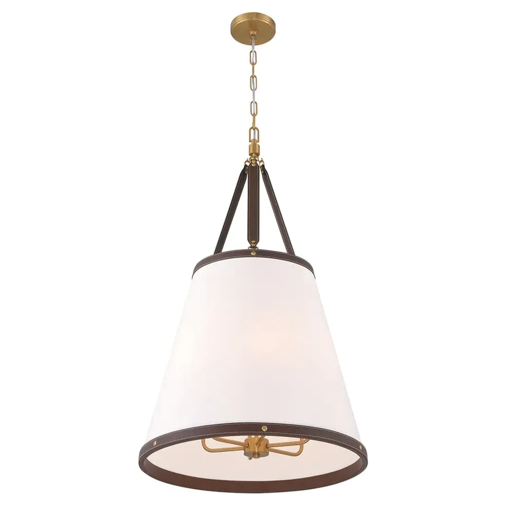 Mirea Round Pendant Light with Leather Trim - White, Linen