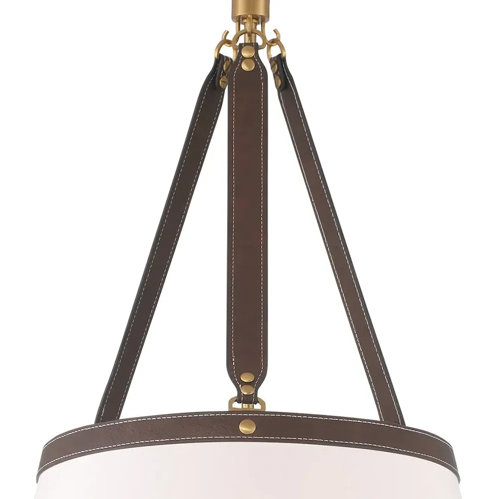 Mirea Round Pendant Light with Leather Trim - White, Linen