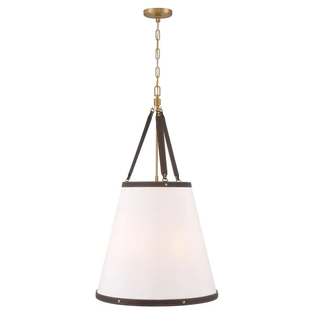 Mirea Round Pendant Light with Leather Trim - White, Linen image