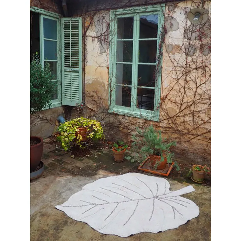 Monstera Leaf Patterned Washable Rug - Natural, Cotton