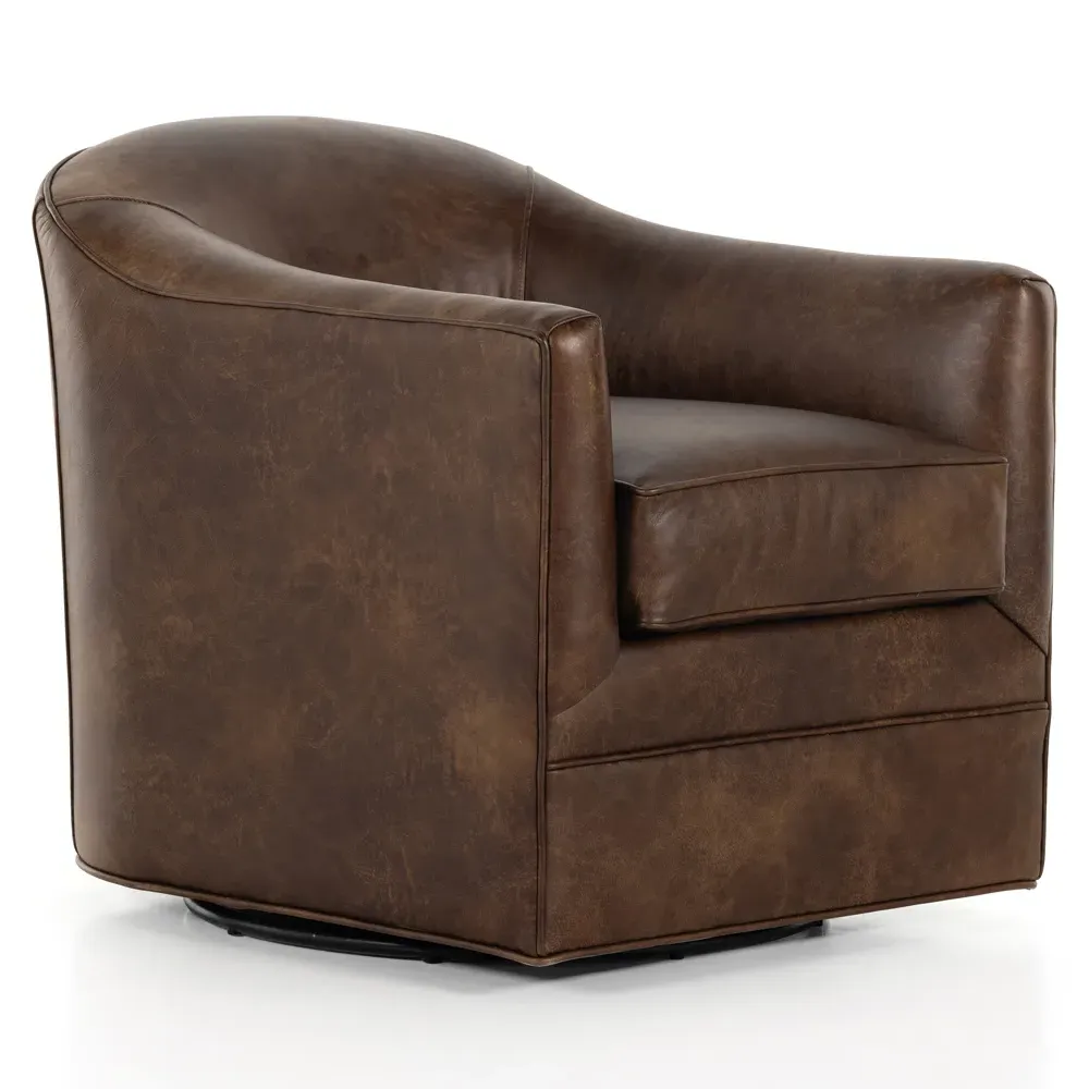 Nalini Swivel Barrel Chair - Dark Brown, Leather