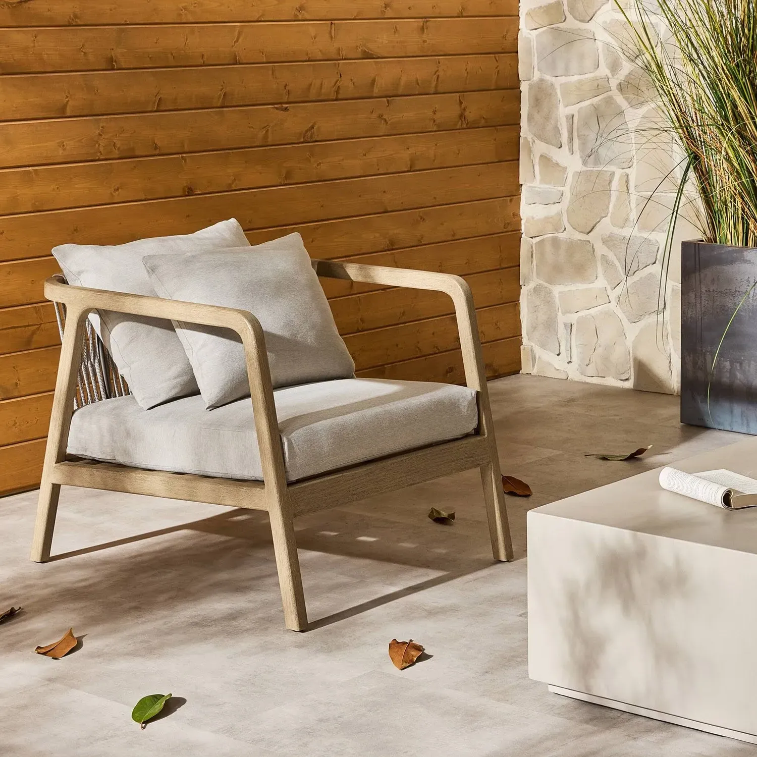 Naomi Outdoor Lounge Arm Chair - Light Grey, Teak