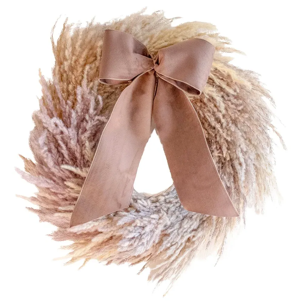 Nerissa Pampas Wreath with Velvet Bow - Beige