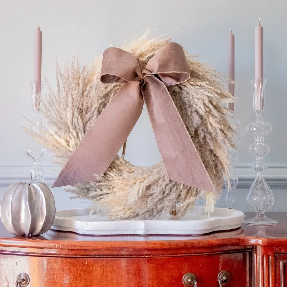 Nerissa Pampas Wreath with Velvet Bow - Beige