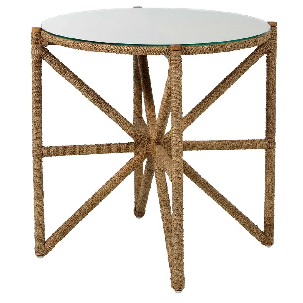 Nigel Round Side Table with Glass Top - Brown, Seagrass