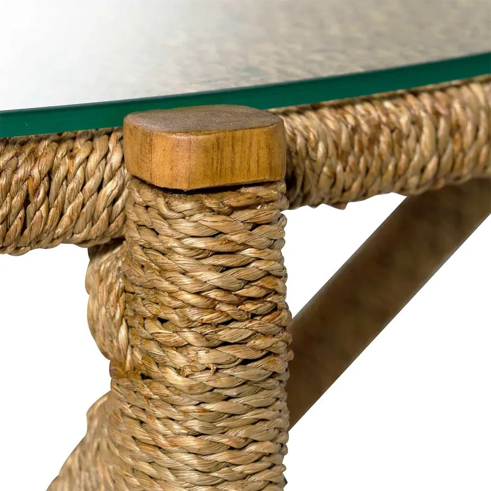 Nigel Round Side Table with Glass Top - Brown, Seagrass