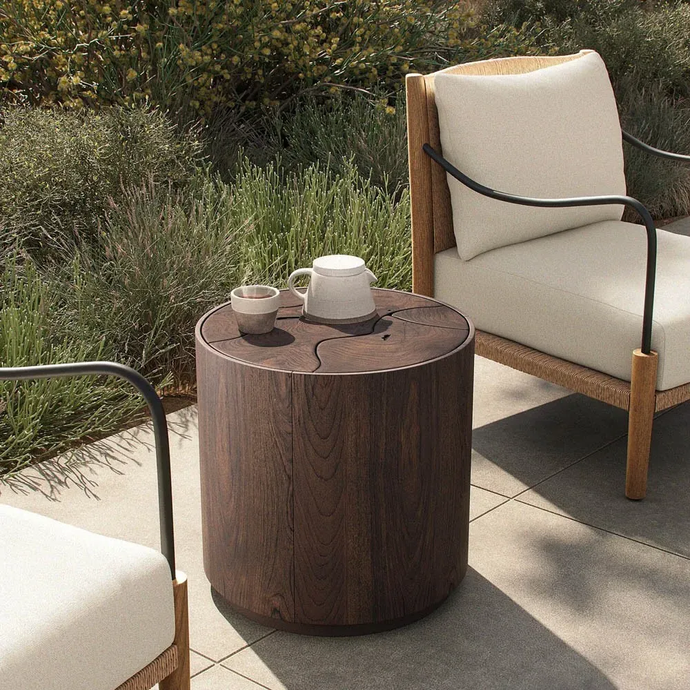 Nikolai Outdoor Drum End Table - Dark Brown, Teak