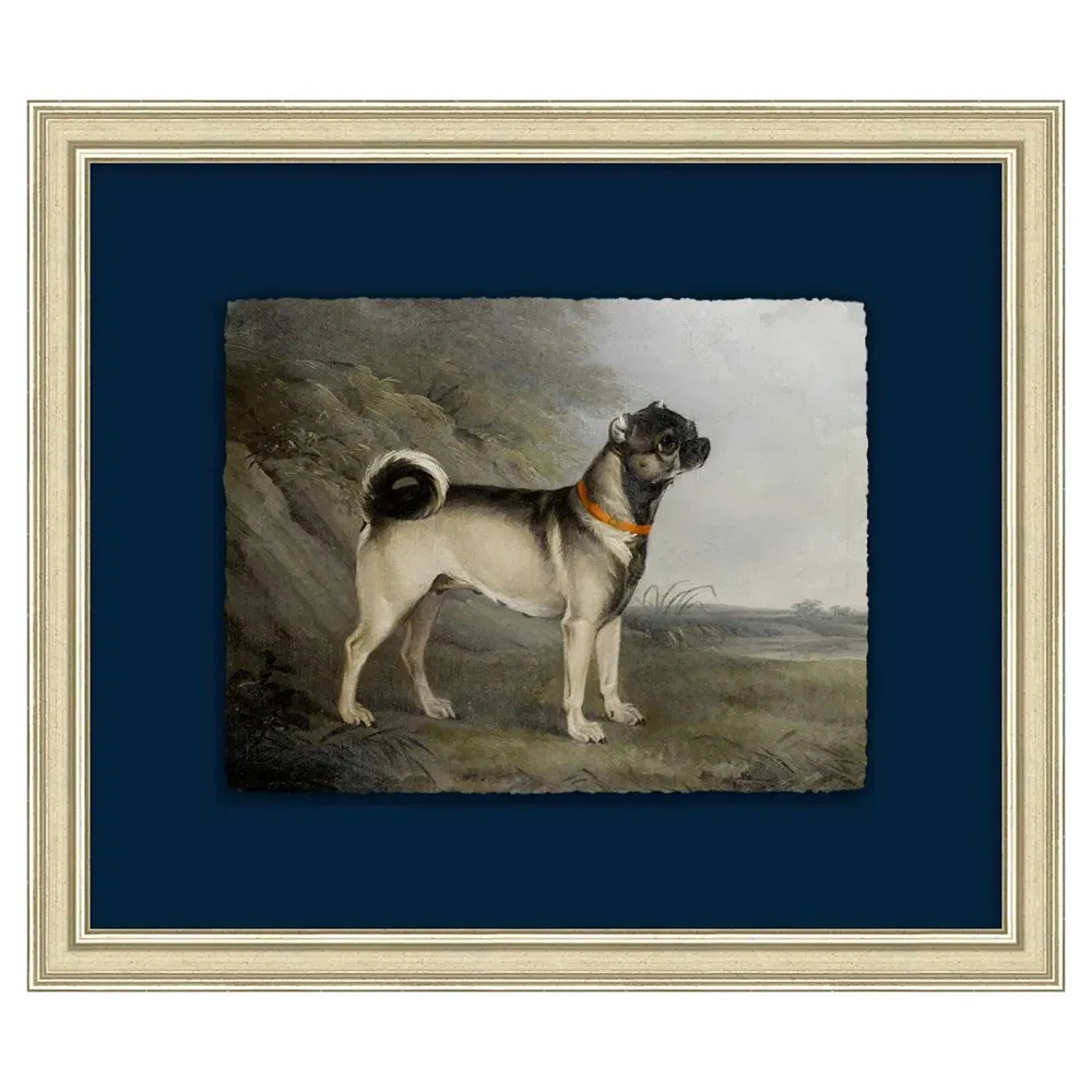 Nola Navy Pug Silver Leaf Frame Painting 2 - Blue