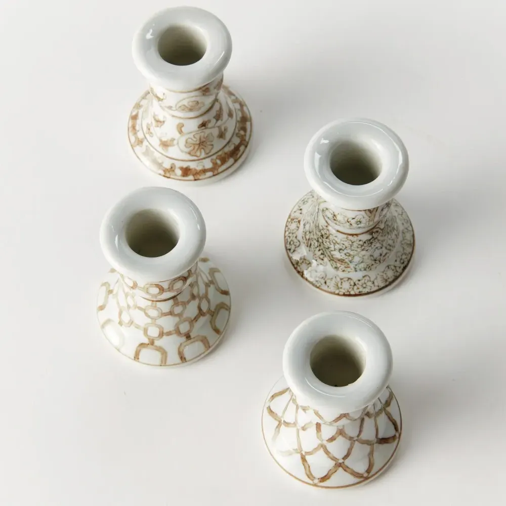 Nolan Chinoiserie Candle Holder Set - Taupe, Ceramic