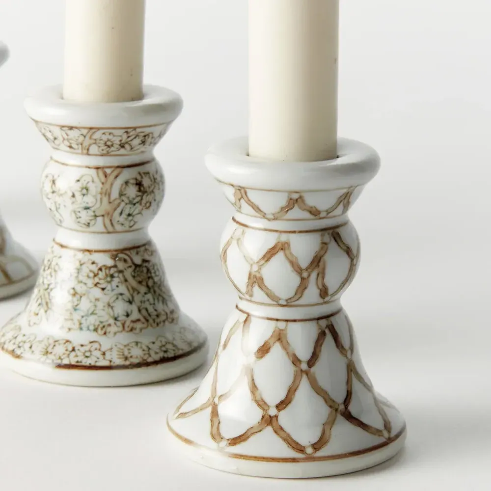 Nolan Chinoiserie Candle Holder Set - Taupe, Ceramic
