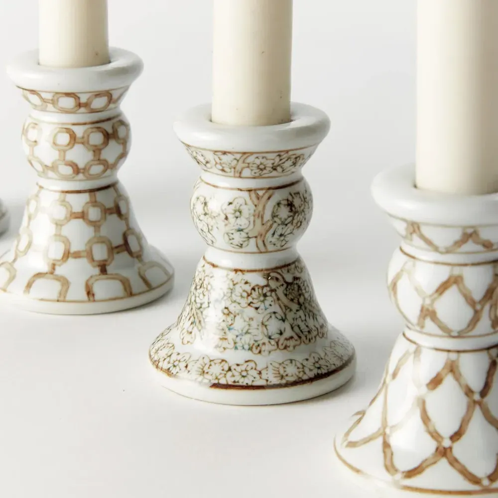 Nolan Chinoiserie Candle Holder Set - Taupe, Ceramic