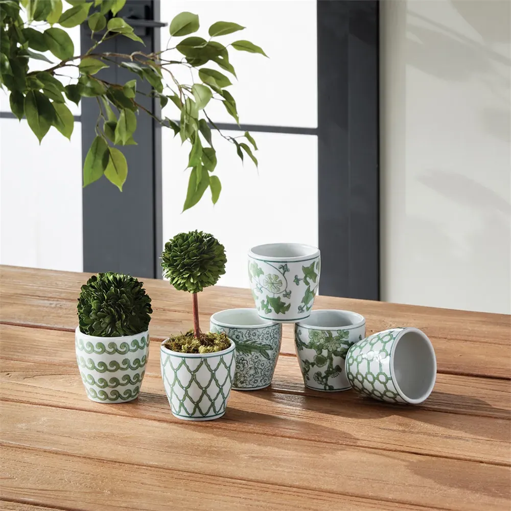 Nolan Flower Pot Set of 6 - Green, Porcelain