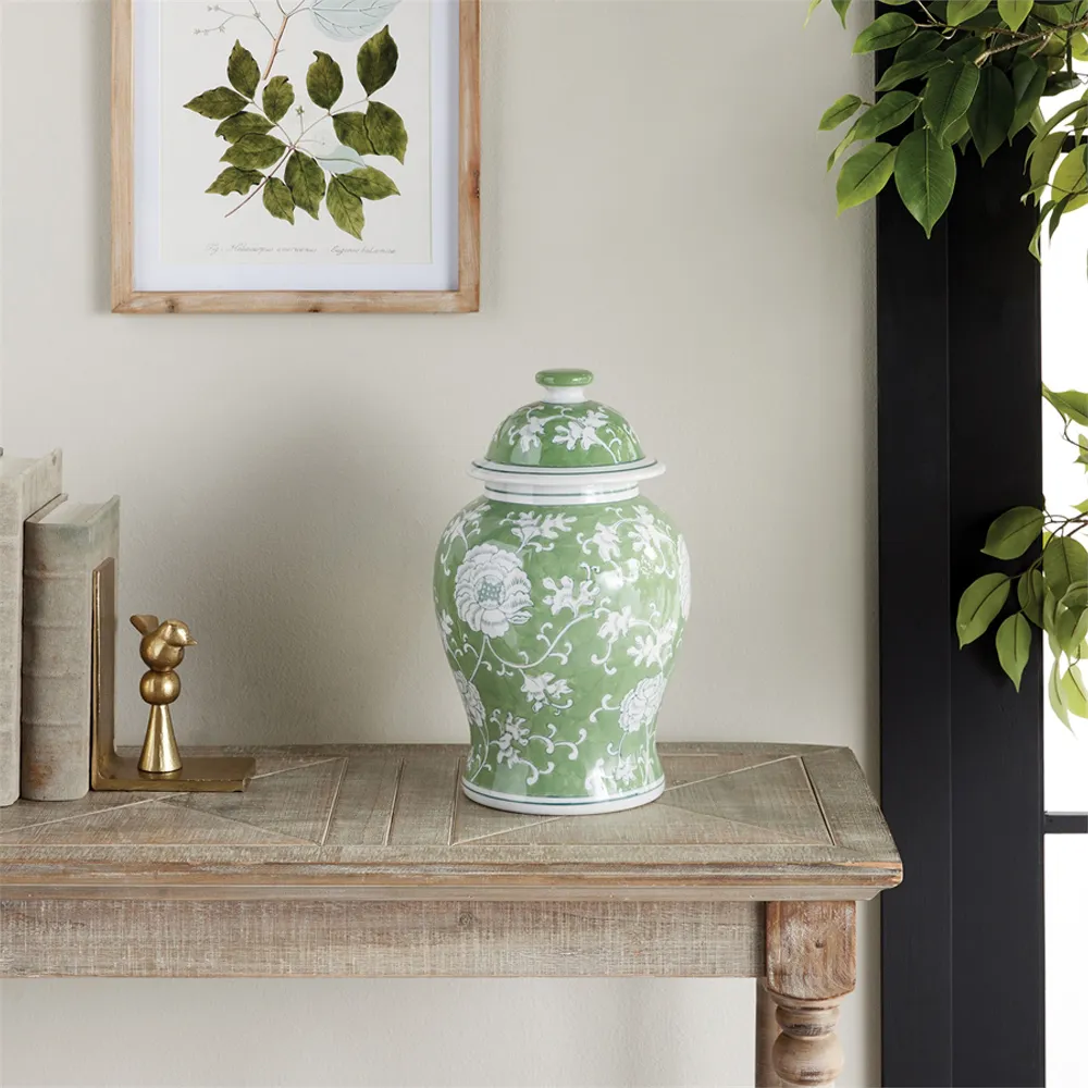 Nolan Lidded Lotus Ginger Jar - Green, Porcelain
