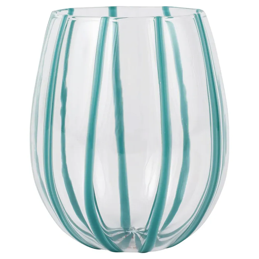 Nuovo Stripe Stemless Wine Glass - Teal, Glass