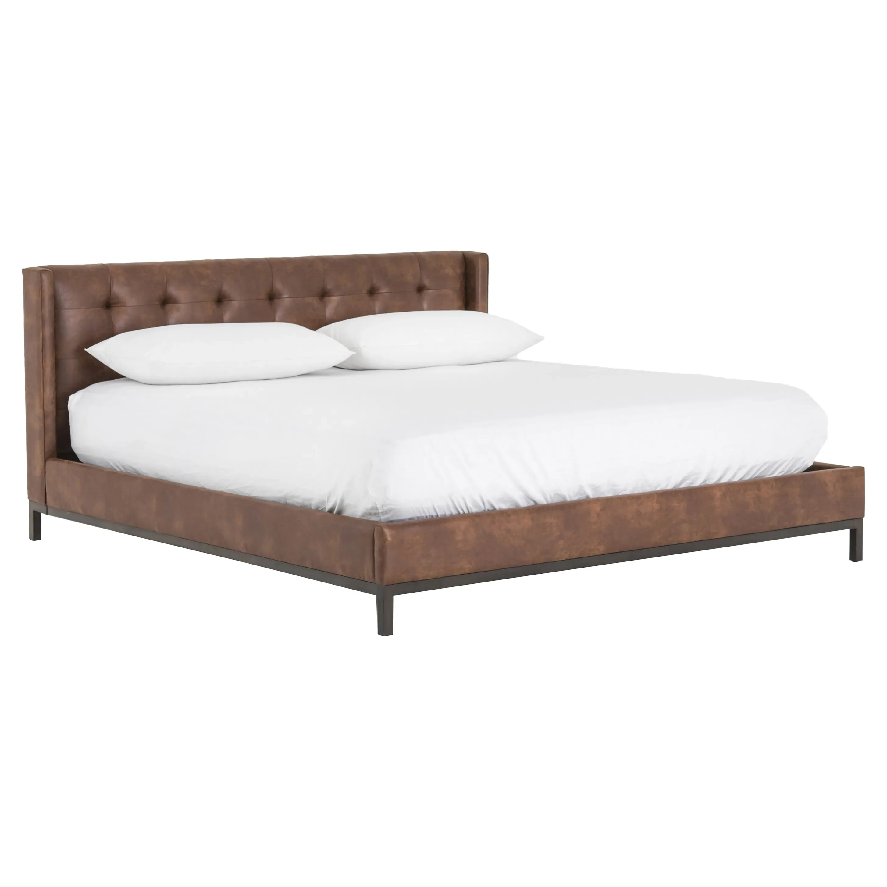 Nyla King Size Tufted Platform Bed - Brown, Faux Leather