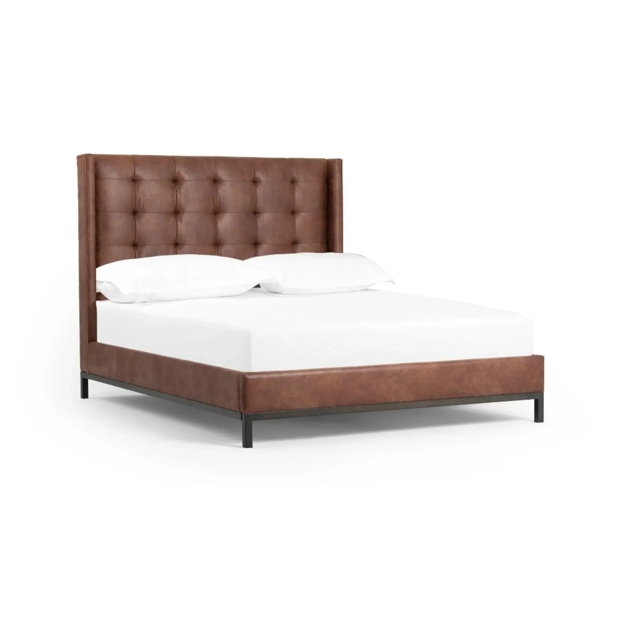 Nyla King Size Tufted Platform Bed - Brown, Leather