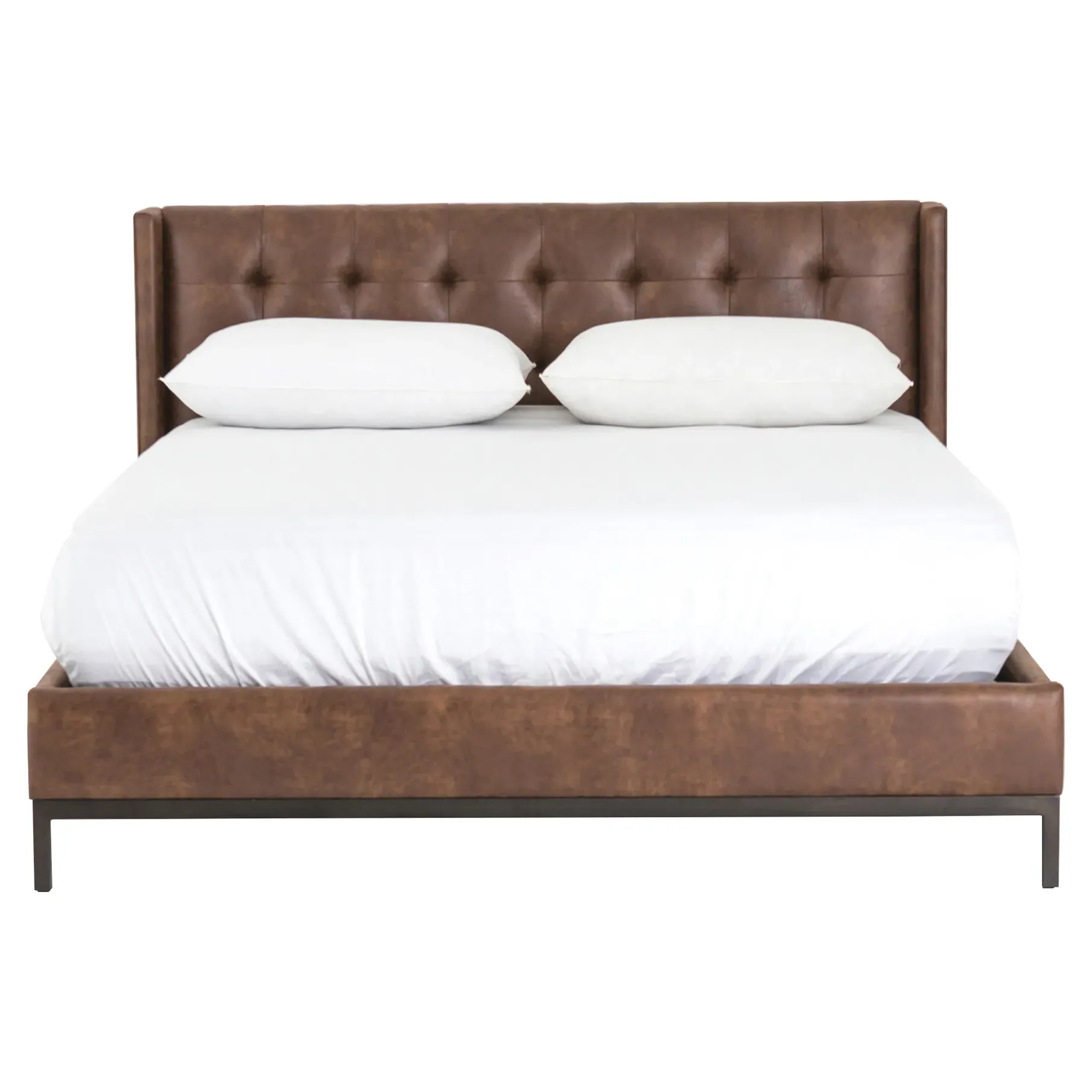 Nyla Queen Size Tufted Platform Bed - Brown, Faux Leather